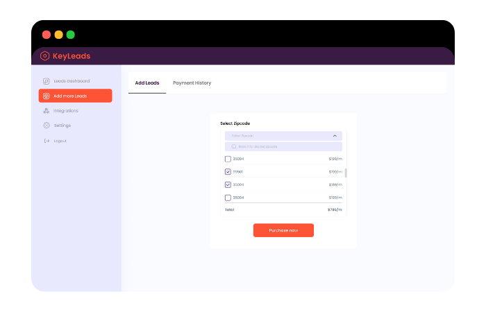 Key Leads dashboard showing ZIP-code subscription selection
