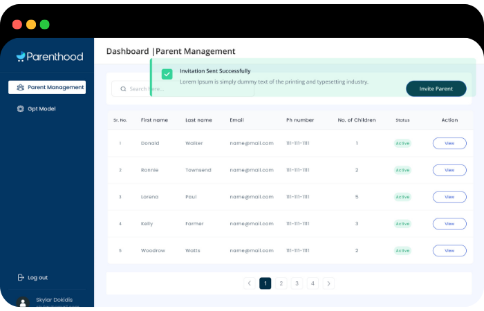 Parenthood admin dashboard showing parent management