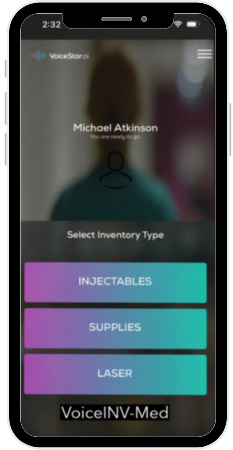 VoiceStar mobile interface with injectable, supplies, and laser inventory categories
